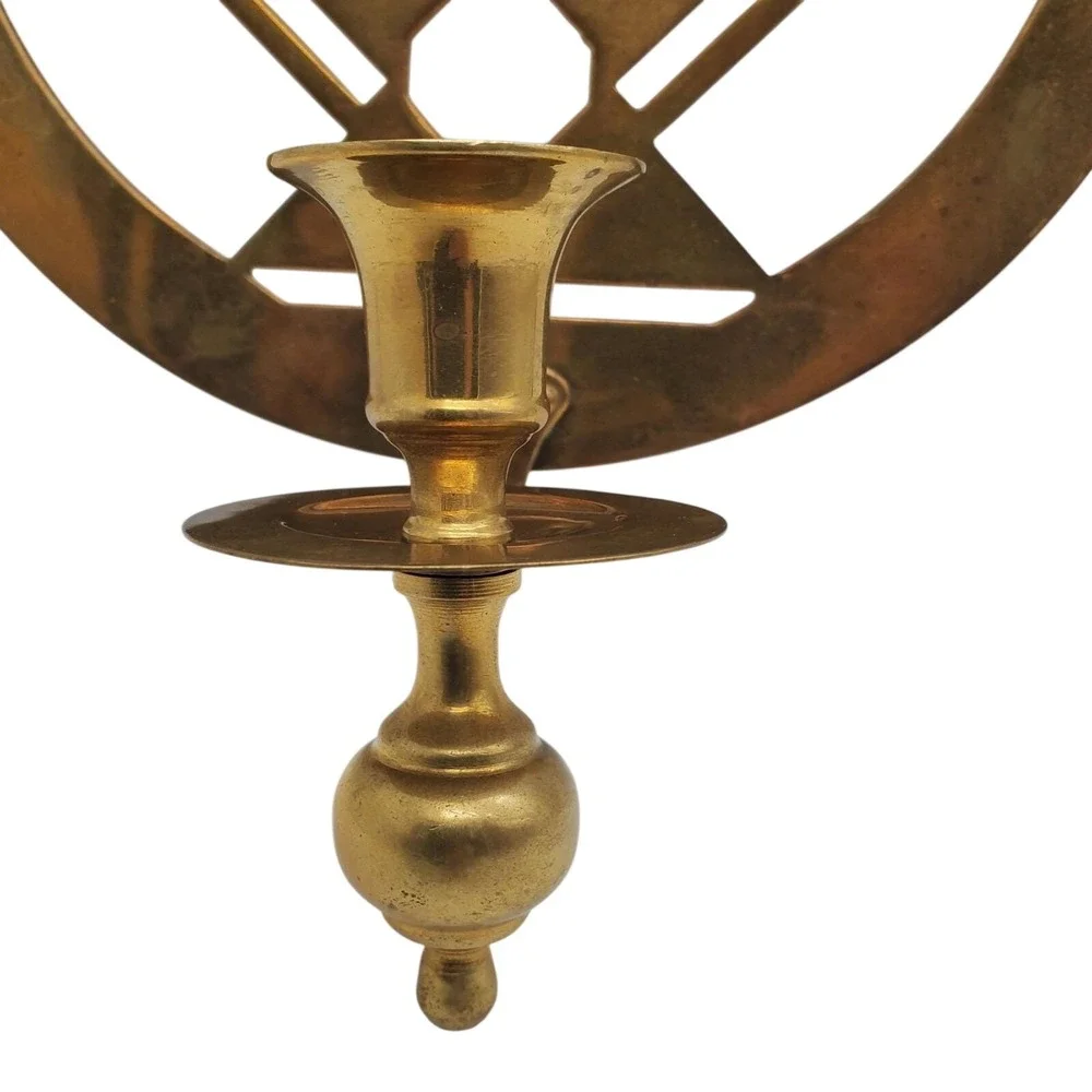 Solid Brass Wall Candle Holder Geometric Lotus Flower Basket Sconce Vintage 70s